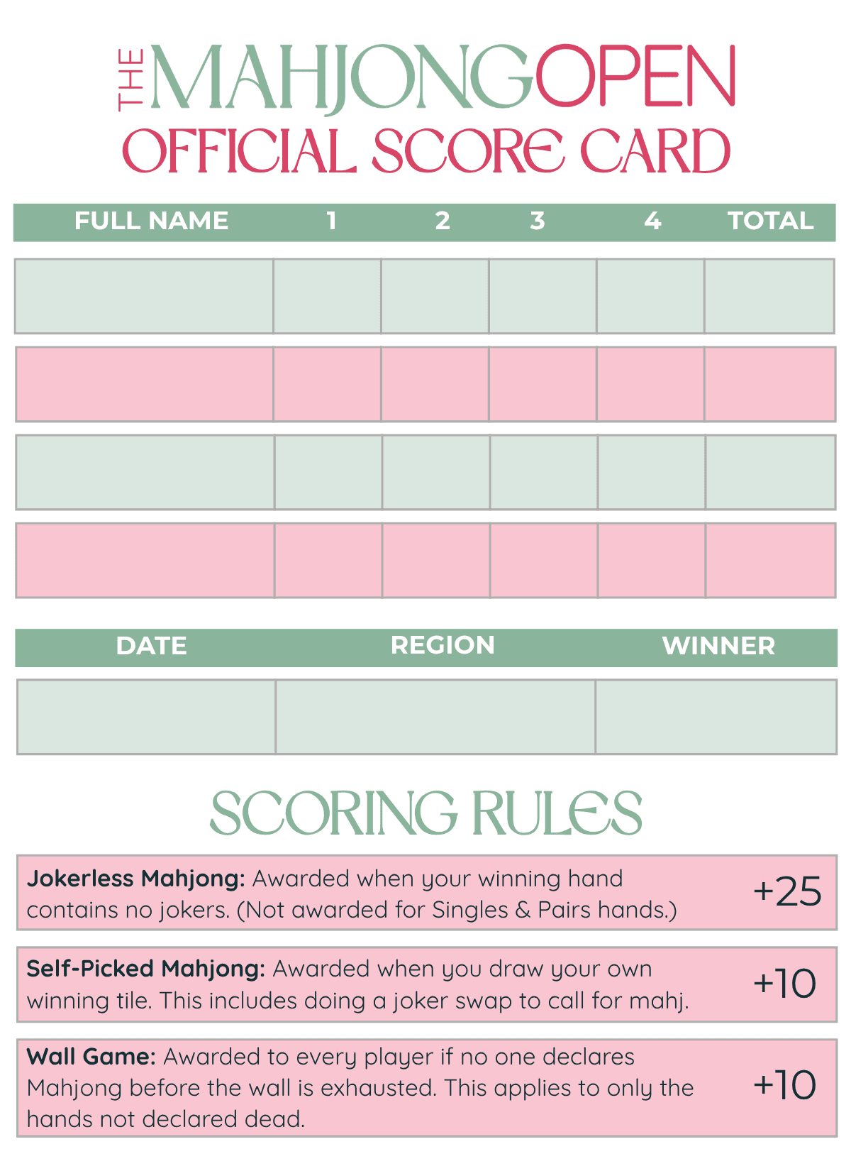 The Mahjong Open official scorecard
